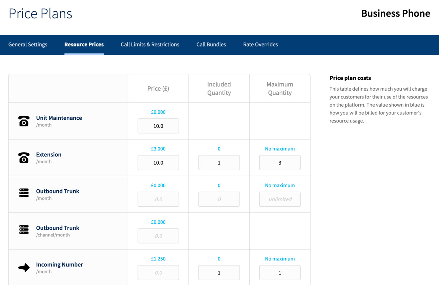 Price plan - resource prices