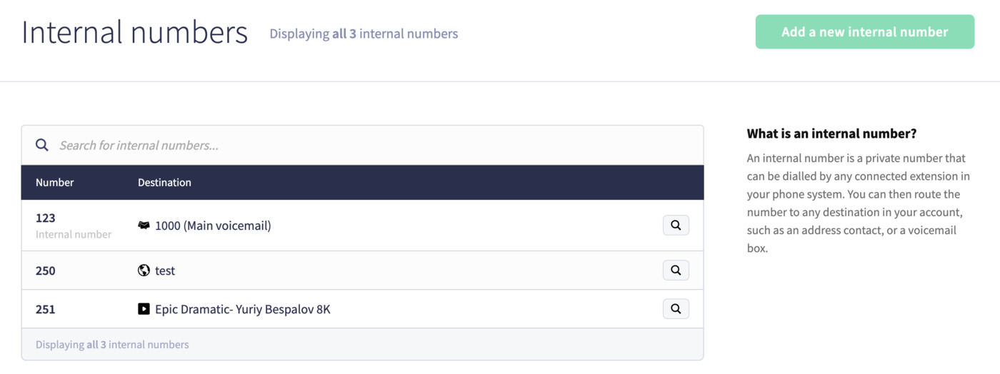 Internal numbers list