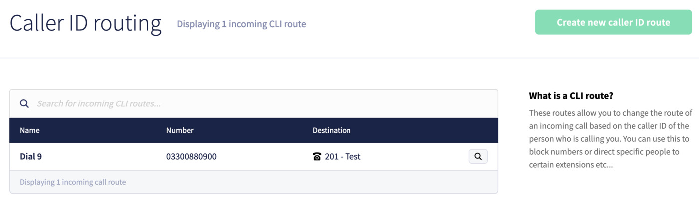 Caller ID routes list