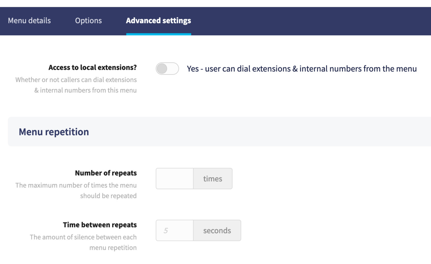 Menu advanced settings