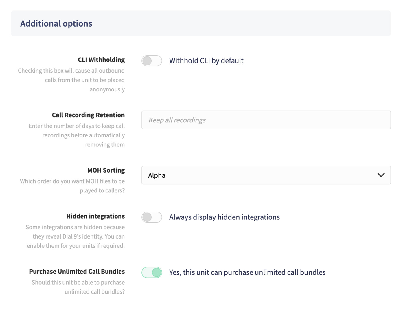 Phone system additional settings