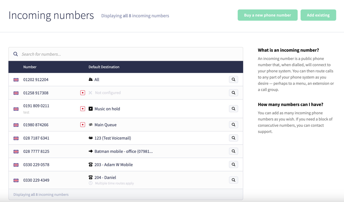 Incoming numbers list