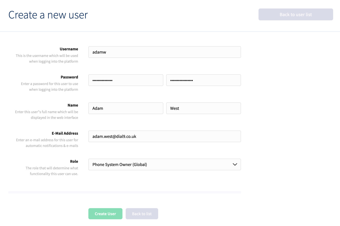 Create phone system user